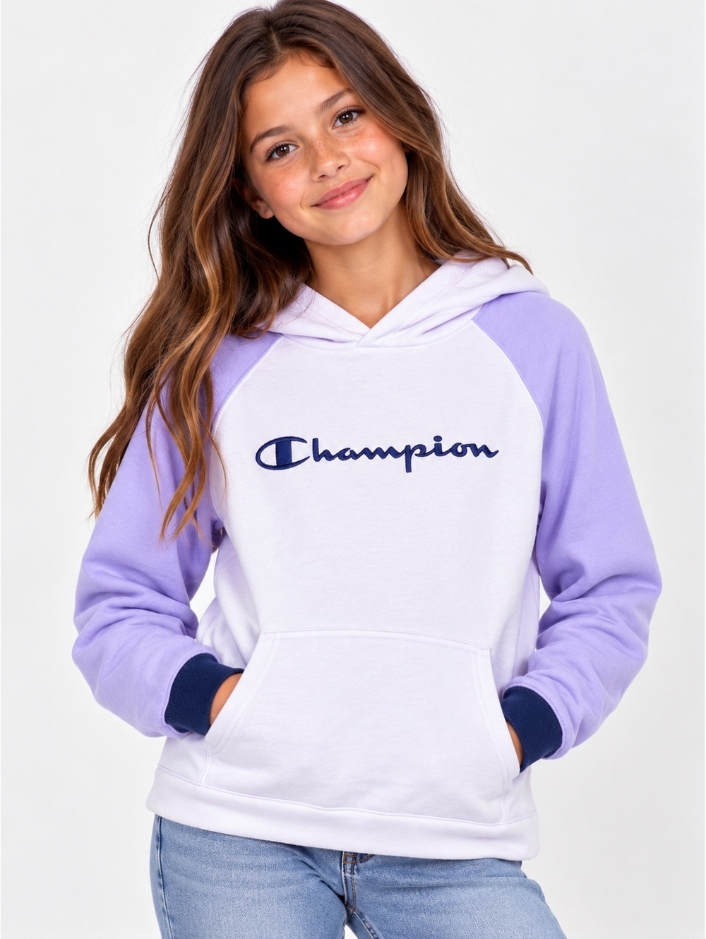 Champion Girls Large Lavender White Colorblock Logo Hoodie Sweatshirt NWT